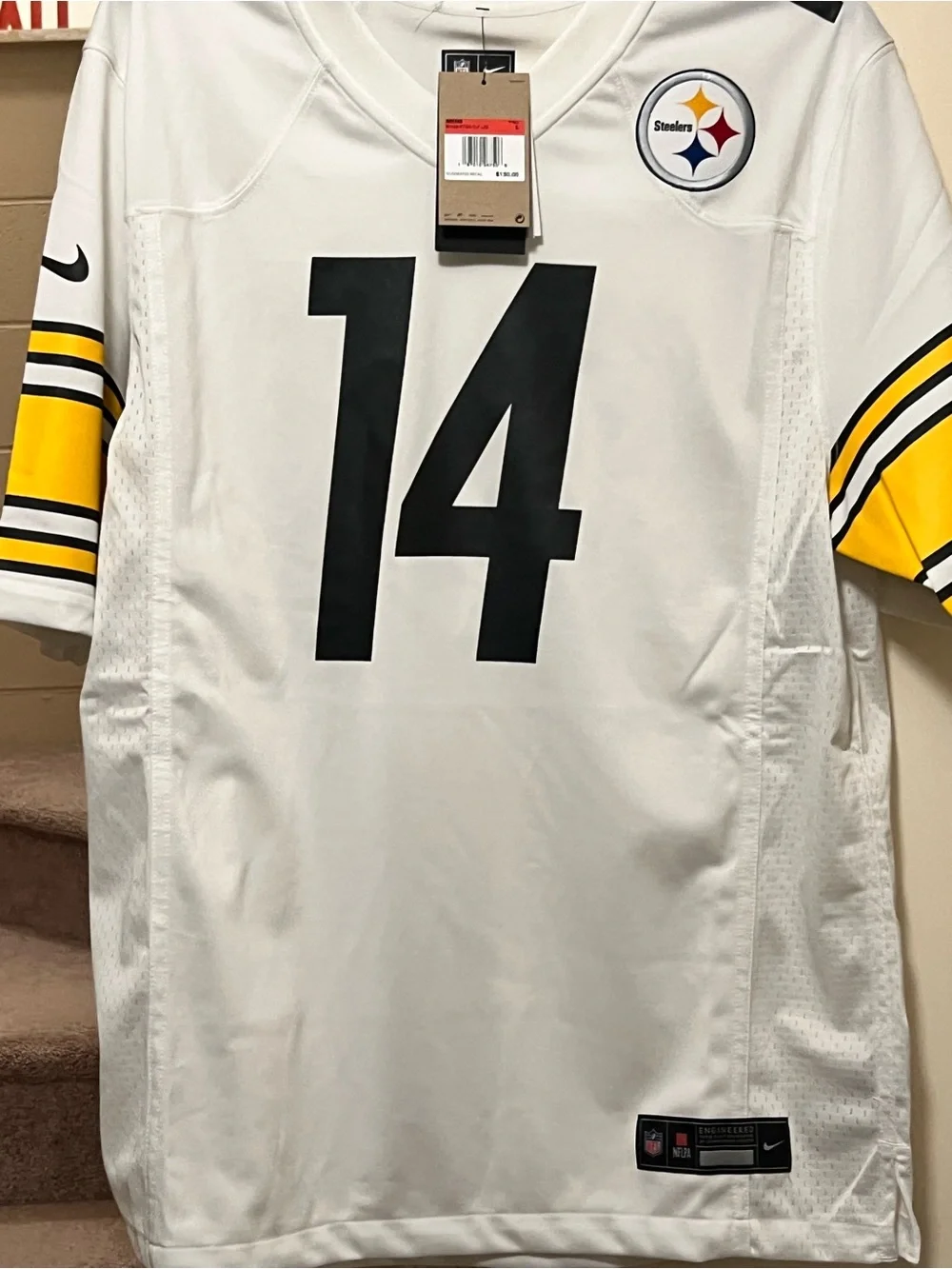Nike White & Black Steelers #14 Men’s Football Jersey with Yellow Sleeve Accents